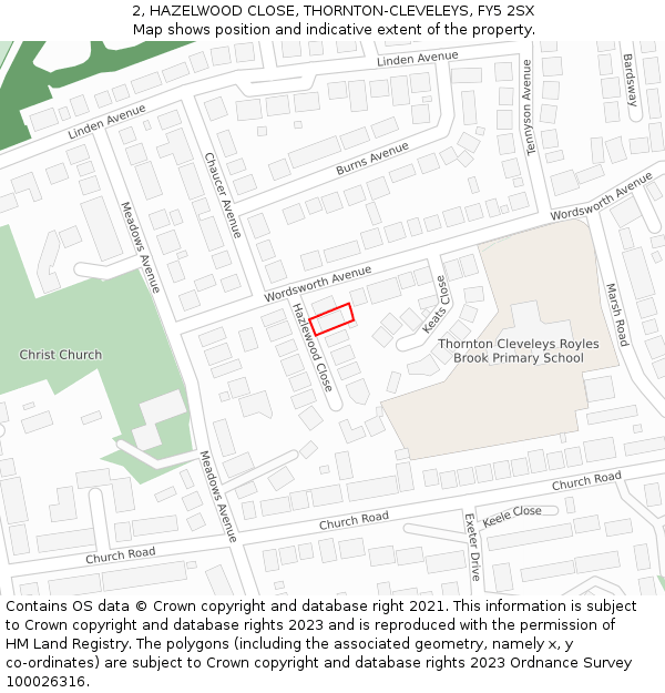 2, HAZELWOOD CLOSE, THORNTON-CLEVELEYS, FY5 2SX: Location map and indicative extent of plot