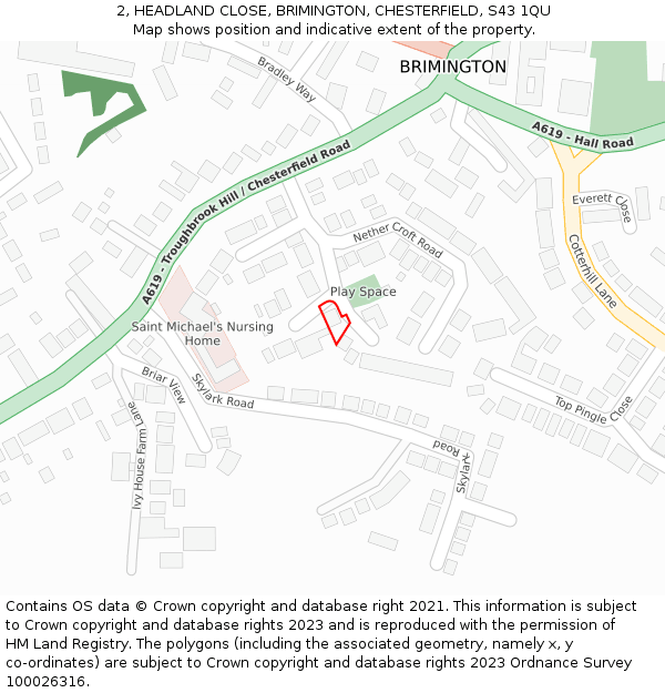 2, HEADLAND CLOSE, BRIMINGTON, CHESTERFIELD, S43 1QU: Location map and indicative extent of plot