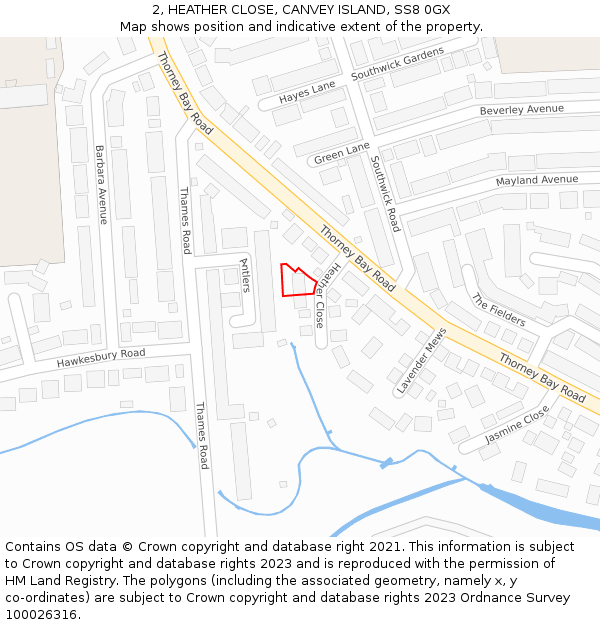 2, HEATHER CLOSE, CANVEY ISLAND, SS8 0GX: Location map and indicative extent of plot