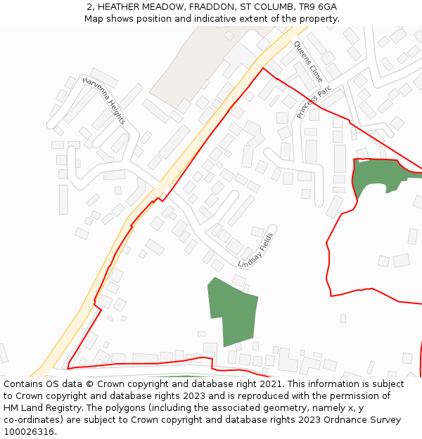 2, HEATHER MEADOW, FRADDON, ST COLUMB, TR9 6GA: Location map and indicative extent of plot