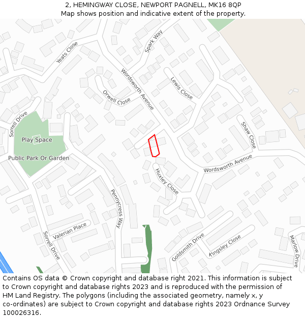 2, HEMINGWAY CLOSE, NEWPORT PAGNELL, MK16 8QP: Location map and indicative extent of plot