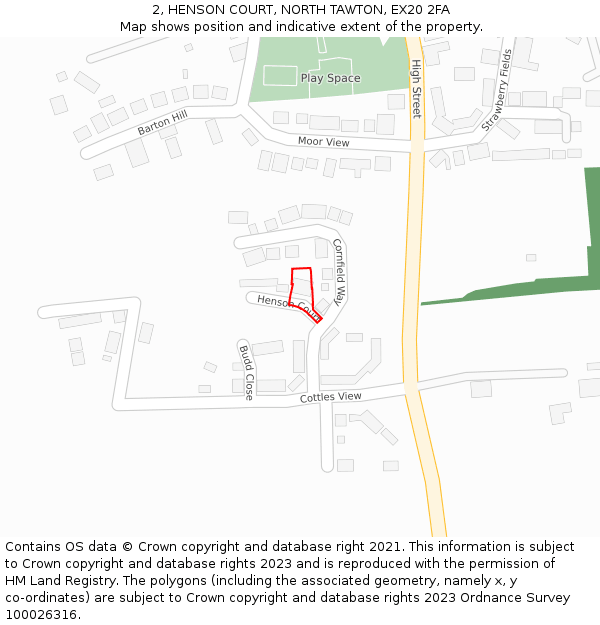 2, HENSON COURT, NORTH TAWTON, EX20 2FA: Location map and indicative extent of plot