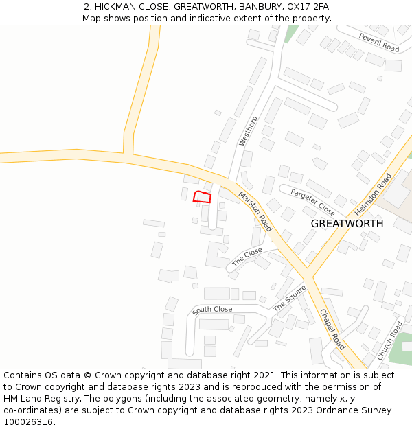 2, HICKMAN CLOSE, GREATWORTH, BANBURY, OX17 2FA: Location map and indicative extent of plot