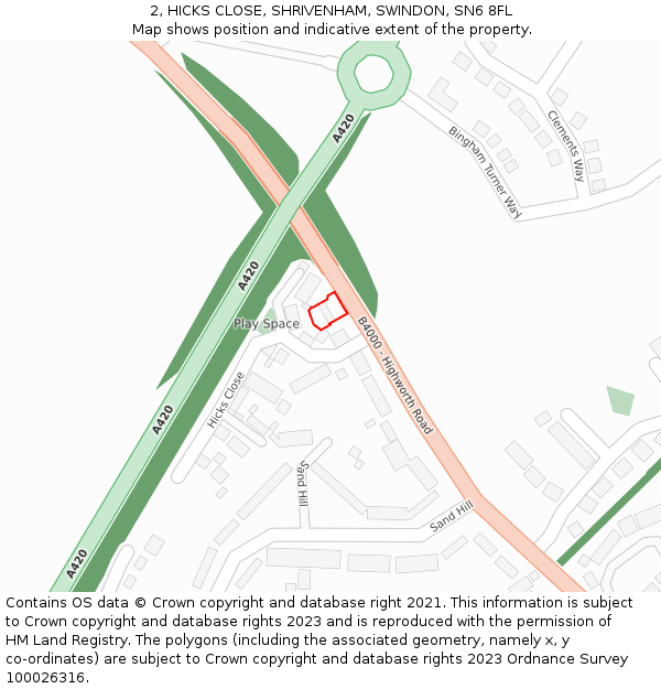 2, HICKS CLOSE, SHRIVENHAM, SWINDON, SN6 8FL: Location map and indicative extent of plot