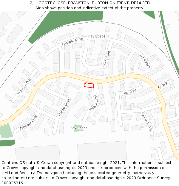 2, HIGGOTT CLOSE, BRANSTON, BURTON-ON-TRENT, DE14 3EB: Location map and indicative extent of plot