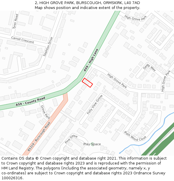 2, HIGH GROVE PARK, BURSCOUGH, ORMSKIRK, L40 7AD: Location map and indicative extent of plot