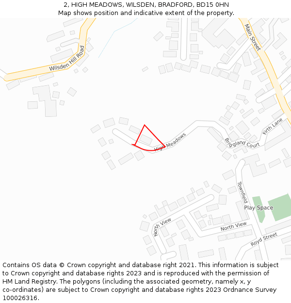 2, HIGH MEADOWS, WILSDEN, BRADFORD, BD15 0HN: Location map and indicative extent of plot