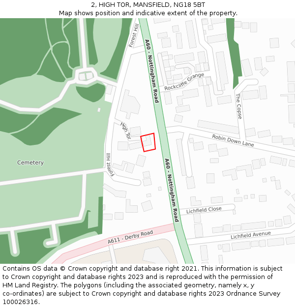 2, HIGH TOR, MANSFIELD, NG18 5BT: Location map and indicative extent of plot