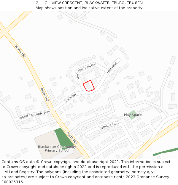 2, HIGH VIEW CRESCENT, BLACKWATER, TRURO, TR4 8EN: Location map and indicative extent of plot