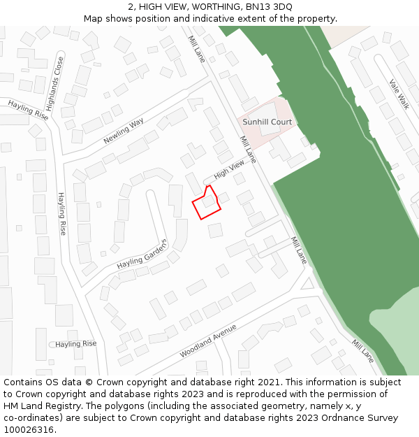 2, HIGH VIEW, WORTHING, BN13 3DQ: Location map and indicative extent of plot