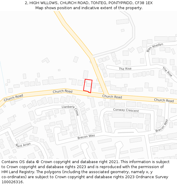 2, HIGH WILLOWS, CHURCH ROAD, TONTEG, PONTYPRIDD, CF38 1EX: Location map and indicative extent of plot