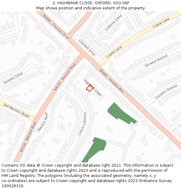 2, HIGHBANK CLOSE, OXFORD, OX3 0AF: Location map and indicative extent of plot