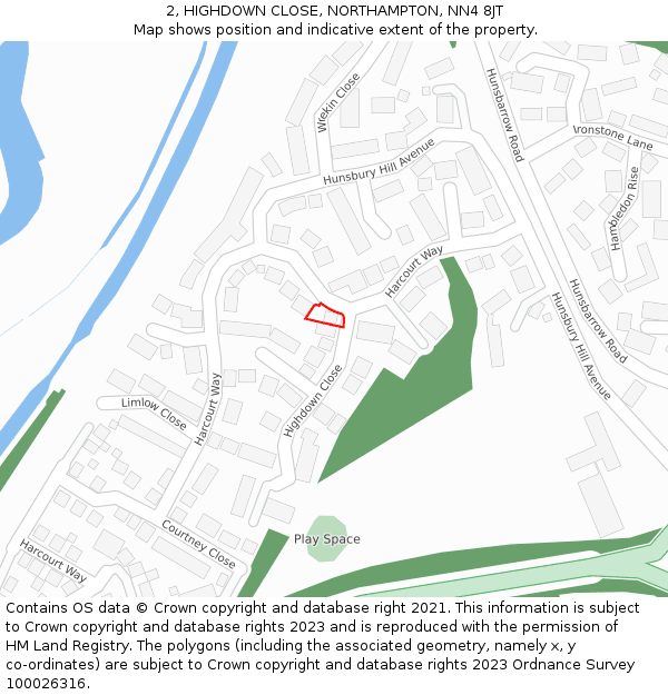 2, HIGHDOWN CLOSE, NORTHAMPTON, NN4 8JT: Location map and indicative extent of plot