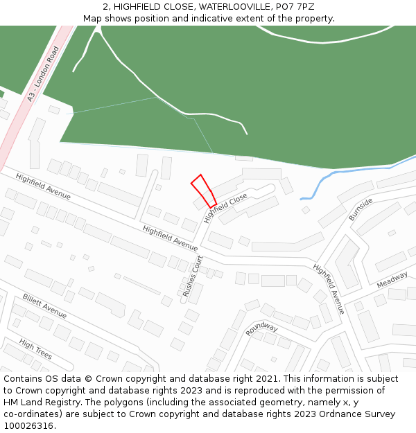 2, HIGHFIELD CLOSE, WATERLOOVILLE, PO7 7PZ: Location map and indicative extent of plot