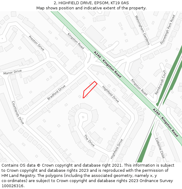 2, HIGHFIELD DRIVE, EPSOM, KT19 0AS: Location map and indicative extent of plot