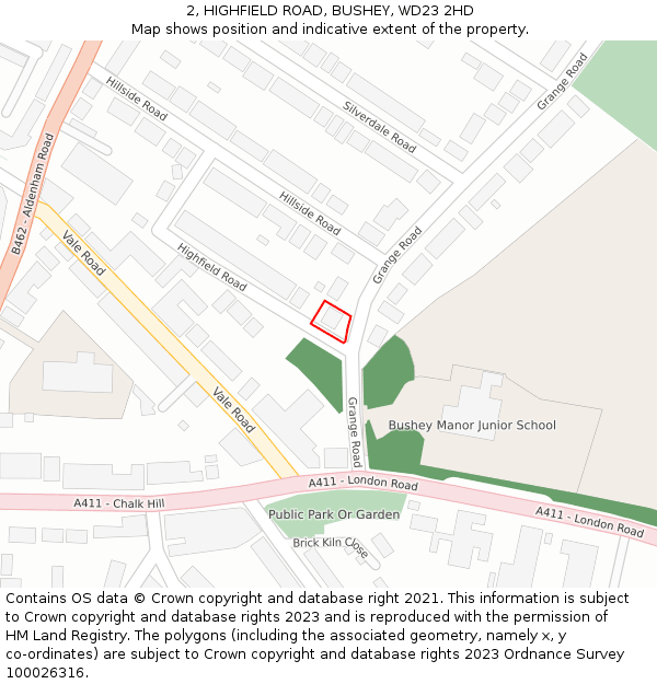 2, HIGHFIELD ROAD, BUSHEY, WD23 2HD: Location map and indicative extent of plot