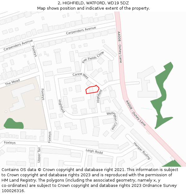 2, HIGHFIELD, WATFORD, WD19 5DZ: Location map and indicative extent of plot