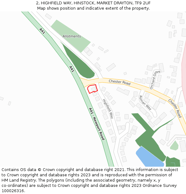 2, HIGHFIELD WAY, HINSTOCK, MARKET DRAYTON, TF9 2UF: Location map and indicative extent of plot