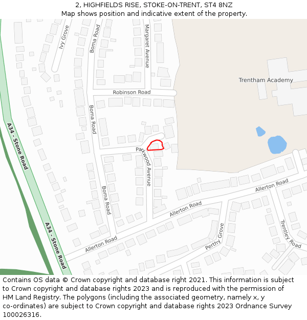 2, HIGHFIELDS RISE, STOKE-ON-TRENT, ST4 8NZ: Location map and indicative extent of plot