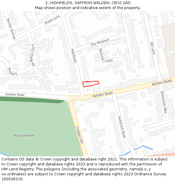 2, HIGHFIELDS, SAFFRON WALDEN, CB10 2AD: Location map and indicative extent of plot