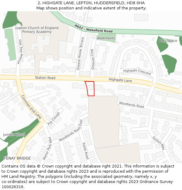 2, HIGHGATE LANE, LEPTON, HUDDERSFIELD, HD8 0HA: Location map and indicative extent of plot