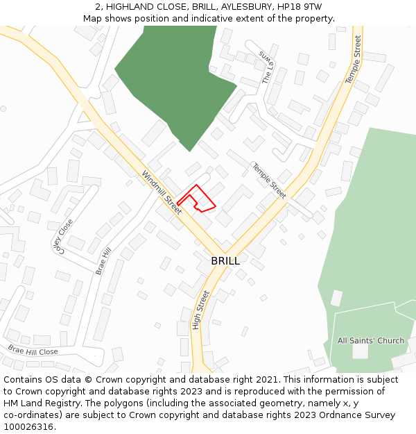 2, HIGHLAND CLOSE, BRILL, AYLESBURY, HP18 9TW: Location map and indicative extent of plot