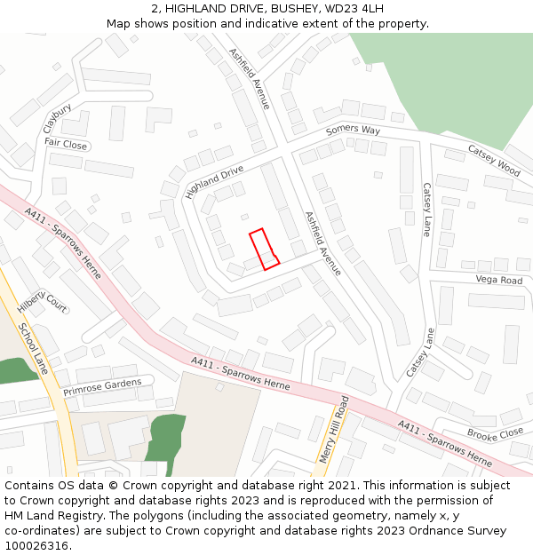 2, HIGHLAND DRIVE, BUSHEY, WD23 4LH: Location map and indicative extent of plot