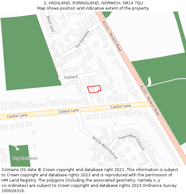 2, HIGHLAND, PORINGLAND, NORWICH, NR14 7QU: Location map and indicative extent of plot