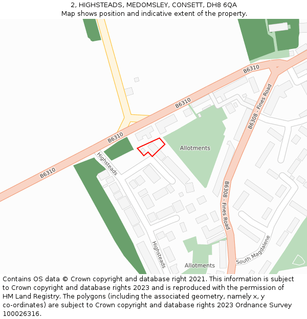 2, HIGHSTEADS, MEDOMSLEY, CONSETT, DH8 6QA: Location map and indicative extent of plot