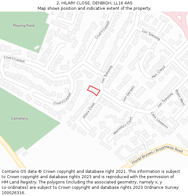 2, HILARY CLOSE, DENBIGH, LL16 4AS: Location map and indicative extent of plot