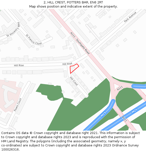 2, HILL CREST, POTTERS BAR, EN6 2RT: Location map and indicative extent of plot