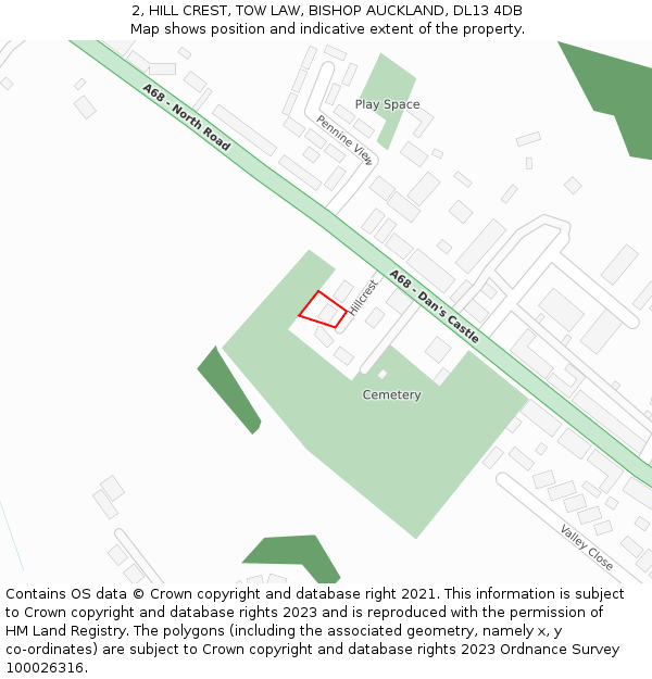 2, HILL CREST, TOW LAW, BISHOP AUCKLAND, DL13 4DB: Location map and indicative extent of plot