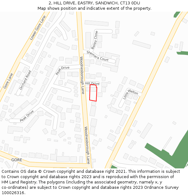 2, HILL DRIVE, EASTRY, SANDWICH, CT13 0DU: Location map and indicative extent of plot