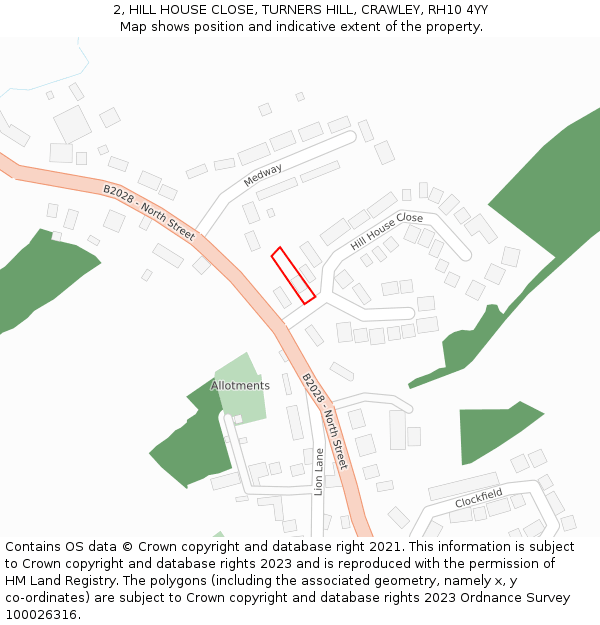2, HILL HOUSE CLOSE, TURNERS HILL, CRAWLEY, RH10 4YY: Location map and indicative extent of plot