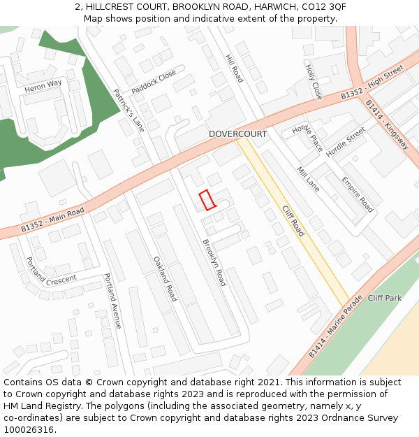 2, HILLCREST COURT, BROOKLYN ROAD, HARWICH, CO12 3QF: Location map and indicative extent of plot