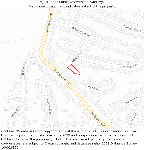 2, HILLCREST RISE, WORCESTER, WR3 7QX: Location map and indicative extent of plot