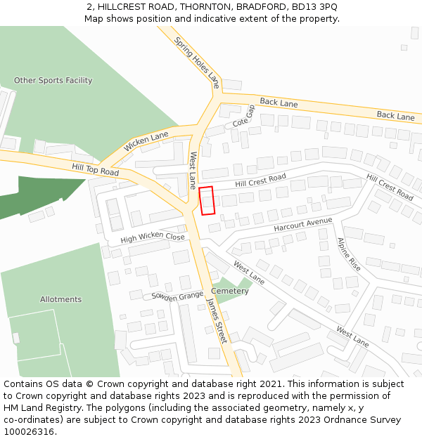 2, HILLCREST ROAD, THORNTON, BRADFORD, BD13 3PQ: Location map and indicative extent of plot