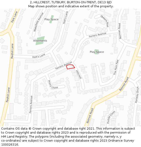 2, HILLCREST, TUTBURY, BURTON-ON-TRENT, DE13 9JD: Location map and indicative extent of plot