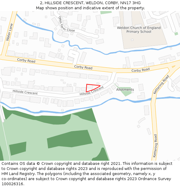 2, HILLSIDE CRESCENT, WELDON, CORBY, NN17 3HG: Location map and indicative extent of plot