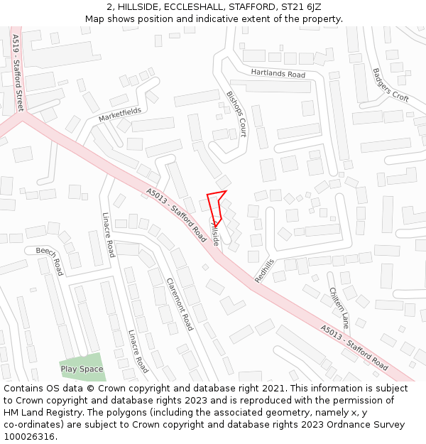 2, HILLSIDE, ECCLESHALL, STAFFORD, ST21 6JZ: Location map and indicative extent of plot