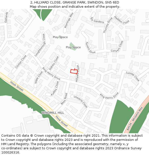 2, HILLYARD CLOSE, GRANGE PARK, SWINDON, SN5 6ED: Location map and indicative extent of plot