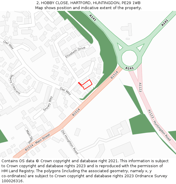 2, HOBBY CLOSE, HARTFORD, HUNTINGDON, PE29 1WB: Location map and indicative extent of plot