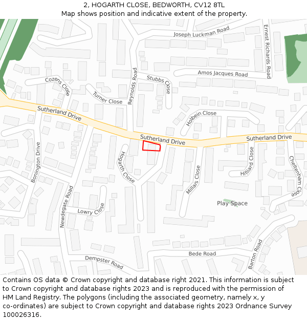 2, HOGARTH CLOSE, BEDWORTH, CV12 8TL: Location map and indicative extent of plot