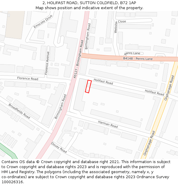 2, HOLIFAST ROAD, SUTTON COLDFIELD, B72 1AP: Location map and indicative extent of plot