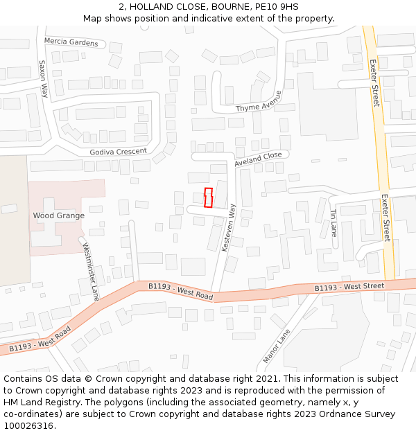 2, HOLLAND CLOSE, BOURNE, PE10 9HS: Location map and indicative extent of plot