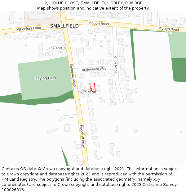 2, HOLLIE CLOSE, SMALLFIELD, HORLEY, RH6 9QF: Location map and indicative extent of plot