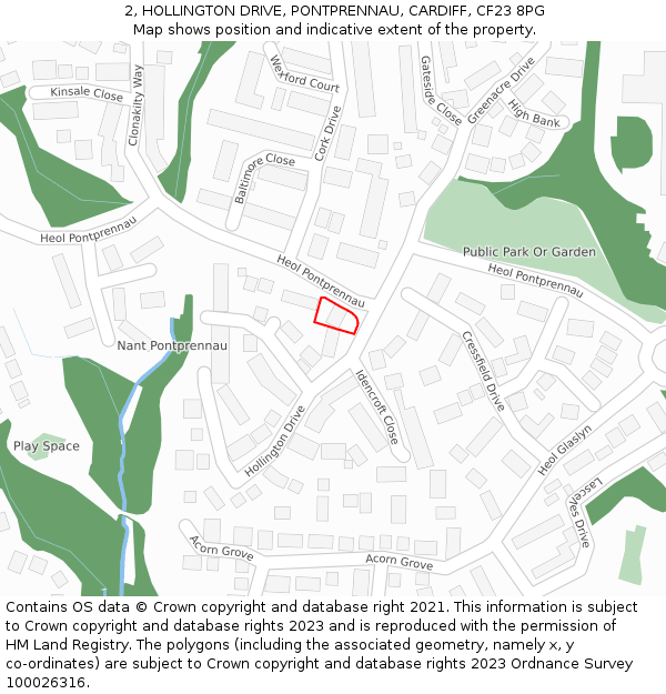 2, HOLLINGTON DRIVE, PONTPRENNAU, CARDIFF, CF23 8PG: Location map and indicative extent of plot