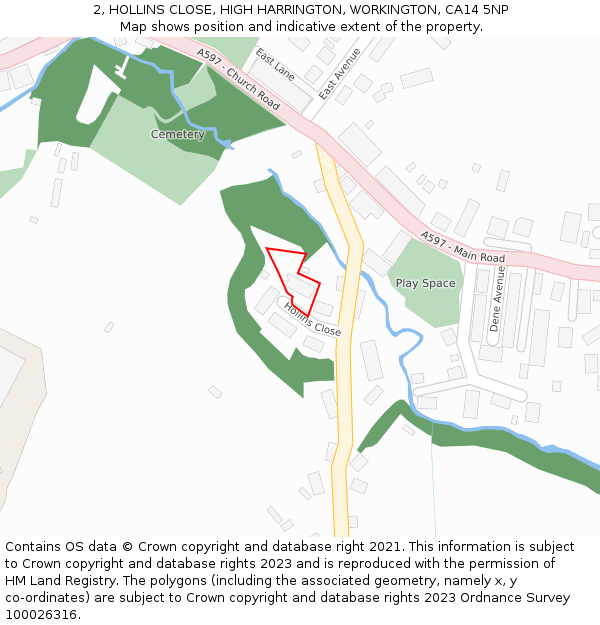 2, HOLLINS CLOSE, HIGH HARRINGTON, WORKINGTON, CA14 5NP: Location map and indicative extent of plot