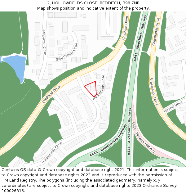 2, HOLLOWFIELDS CLOSE, REDDITCH, B98 7NR: Location map and indicative extent of plot