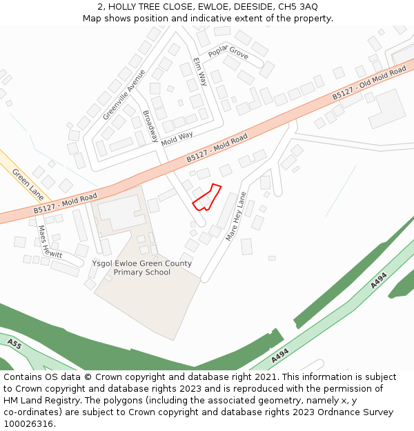 2, HOLLY TREE CLOSE, EWLOE, DEESIDE, CH5 3AQ: Location map and indicative extent of plot